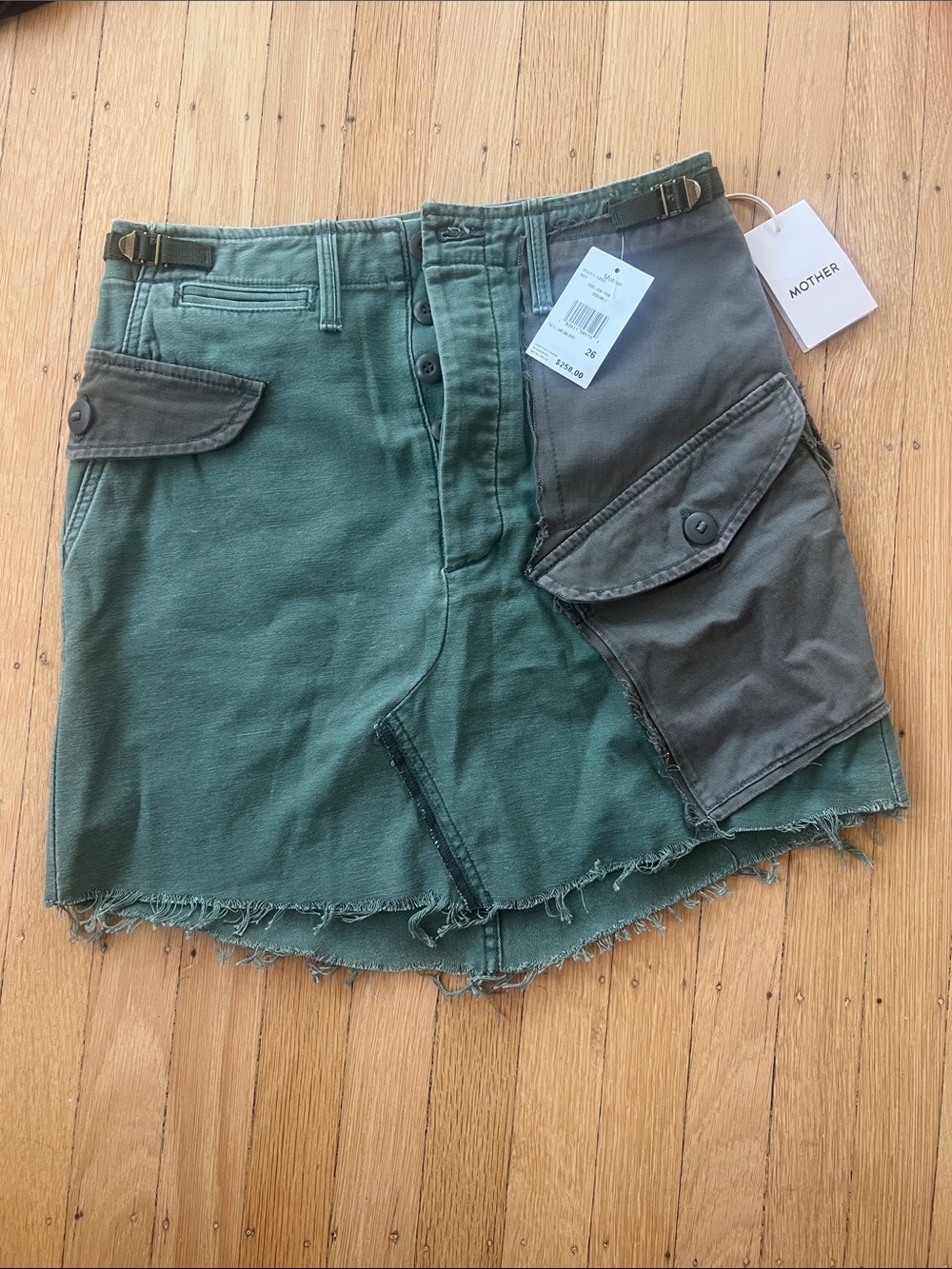 MOTHER Two-Tone Olive Utility Mini Skirt